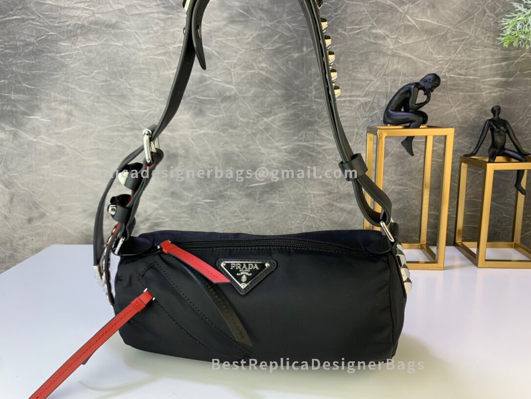 Prada Black And Red Mini Fabric Shoulder Bag With Leather And Studs SHW 1BC100